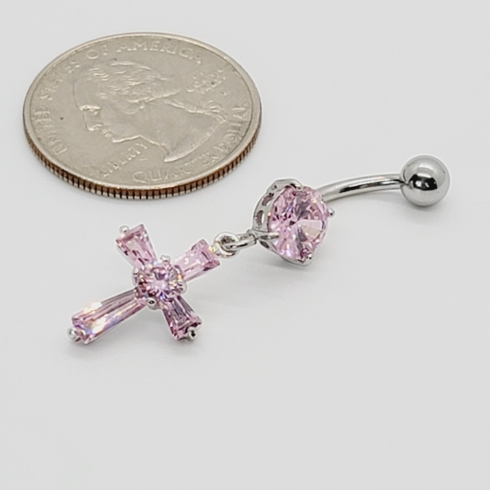 NWOT Sterling Silver Pink Cross Belly Button Ring - Picture 2 of 3